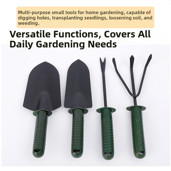 Set de patru unelte de grădină pentru uz casnic: lopată cu mâner din plastic, greblă cu trei dinți, lopățică pentru flori