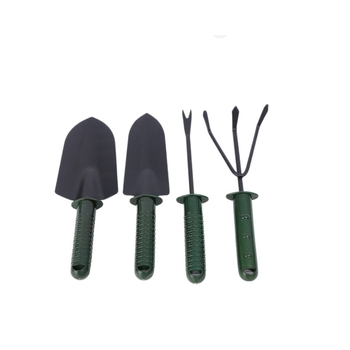 Set de patru unelte de grădină pentru uz casnic: lopată cu mâner din plastic, greblă cu trei dinți, lopățică pentru flori