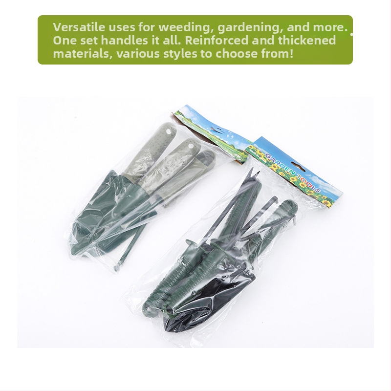 Set de patru unelte de grădină pentru uz casnic: lopată cu mâner din plastic, greblă cu trei dinți, lopățică pentru flori
