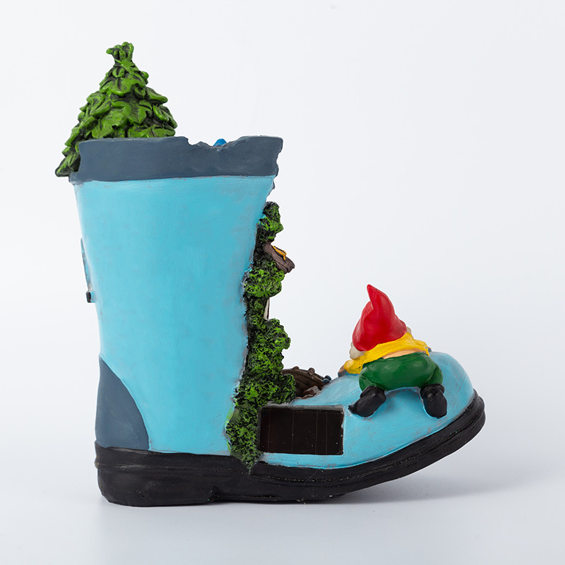 Ornament din rășină – lampă solară pentru grădină, gnom cu casă pe copac, stil pastoral, May Hong