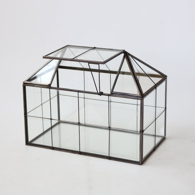 Vas geometric din sticlă pentru suculente, décor micro-peisaj, suprafață cu intarsie, ambalare din carton, imprimare logo disponibil