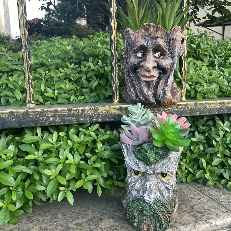 Ornament de trunchi de copac pentru grădină – bătrân amuzant, din rășină, stil modern minimalist, decor exterior