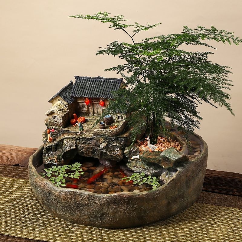 Acvariu de birou din rășină, peisaj în mișcare cu apă curgătoare, turnat prin injecție, stil retro