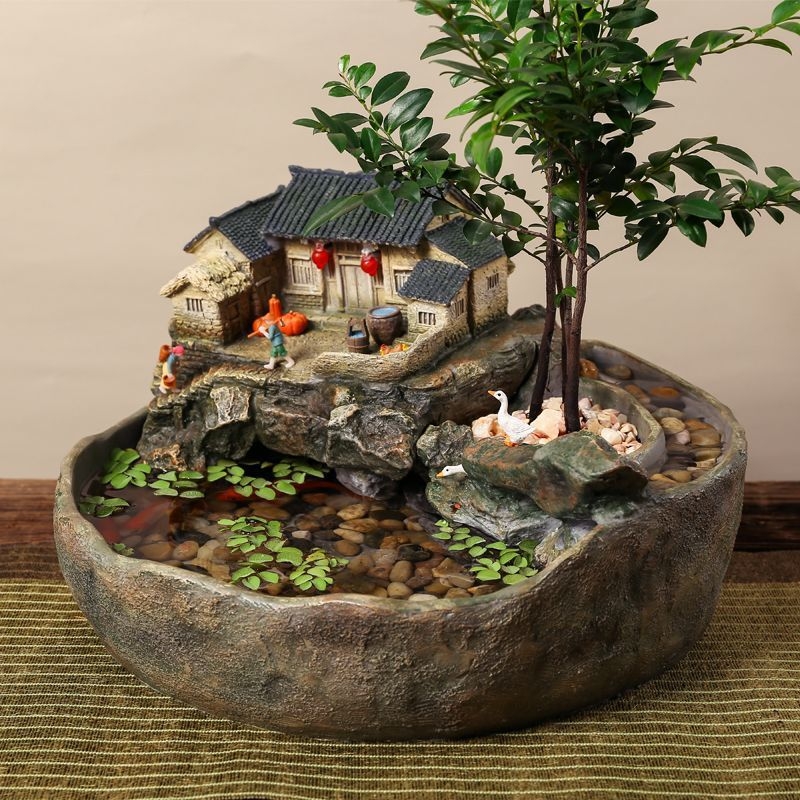 Acvariu de birou din rășină, peisaj în mișcare cu apă curgătoare, turnat prin injecție, stil retro