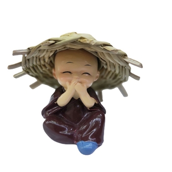 Blue Meow figură decorativă din rășină - mini păpușă, călugăr cu pălărie de paie, micro peisaj