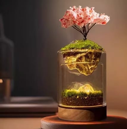 Мини пейзаж с растения и нощно осветление — стъкло, ръчна изработка, форма "Ярък младеж", стил: растение нощна светлина