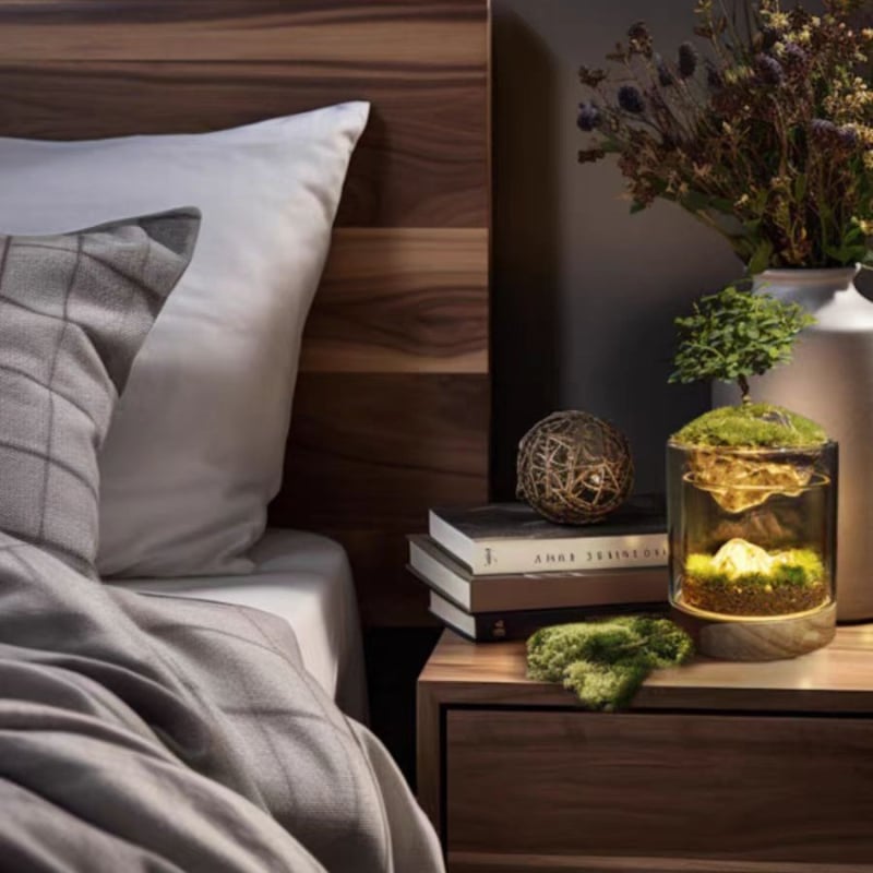 Мини пейзаж с растения и нощно осветление — стъкло, ръчна изработка, форма "Ярък младеж", стил: растение нощна светлина