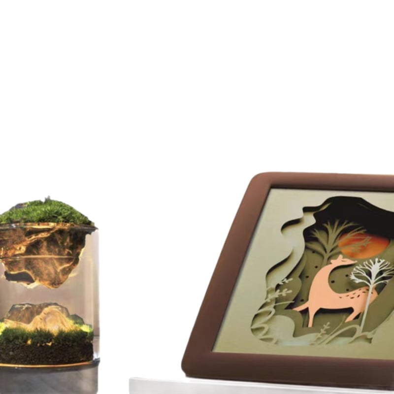 Мини пейзаж с растения и нощно осветление — стъкло, ръчна изработка, форма "Ярък младеж", стил: растение нощна светлина