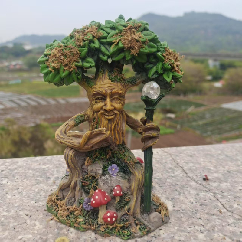 Pastoralna skulptura od smole za akvarij – figura duha na stablu, dekor od smole, stil pastoralni