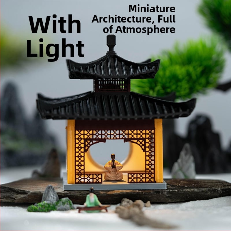 3D mikro pejzaž s osvijetljenjem, dovršen arhitektonski model, bonsai, kamenjara, akvarij, kineski ukrasi