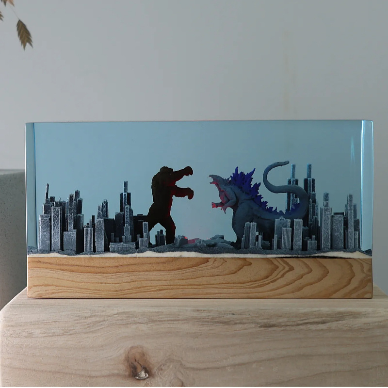Godzilla noćna svjetiljka od smole s mikro pejzažem – moderni minimalistički ručni rad, idealan poklon za prijatelje i kolege