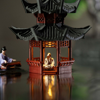 Világított mini táj víz- és szárazföldi elemmel, 3D-nyomtatott műanyag bonsai dísz, kínai stílusú pavilon