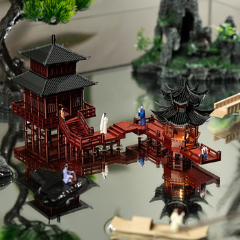 Világított mini táj víz- és szárazföldi elemmel, 3D-nyomtatott műanyag bonsai dísz, kínai stílusú pavilon