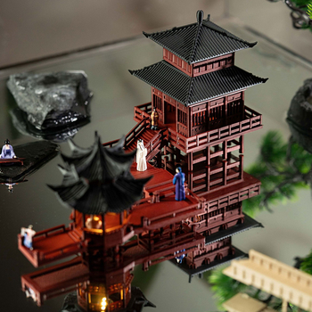 Világított mini táj víz- és szárazföldi elemmel, 3D-nyomtatott műanyag bonsai dísz, kínai stílusú pavilon