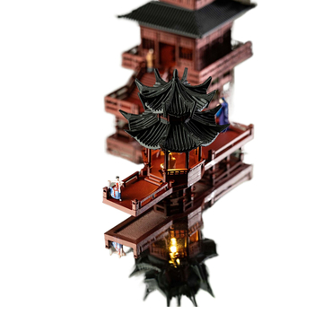 Világított mini táj víz- és szárazföldi elemmel, 3D-nyomtatott műanyag bonsai dísz, kínai stílusú pavilon