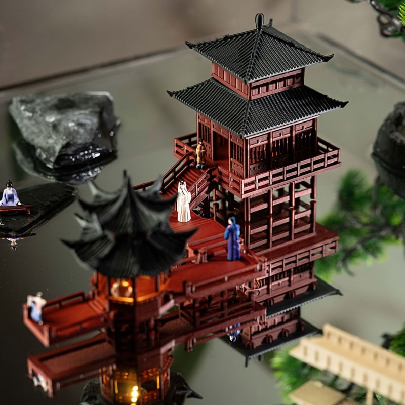 Világított mini táj víz- és szárazföldi elemmel, 3D-nyomtatott műanyag bonsai dísz, kínai stílusú pavilon