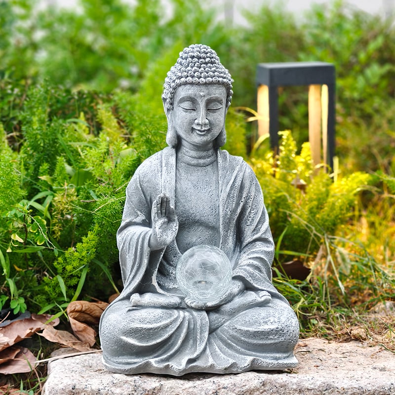 Zen Buddha statua, ornament od smole, solarno napajanje za dom i vrt, religijska figurica