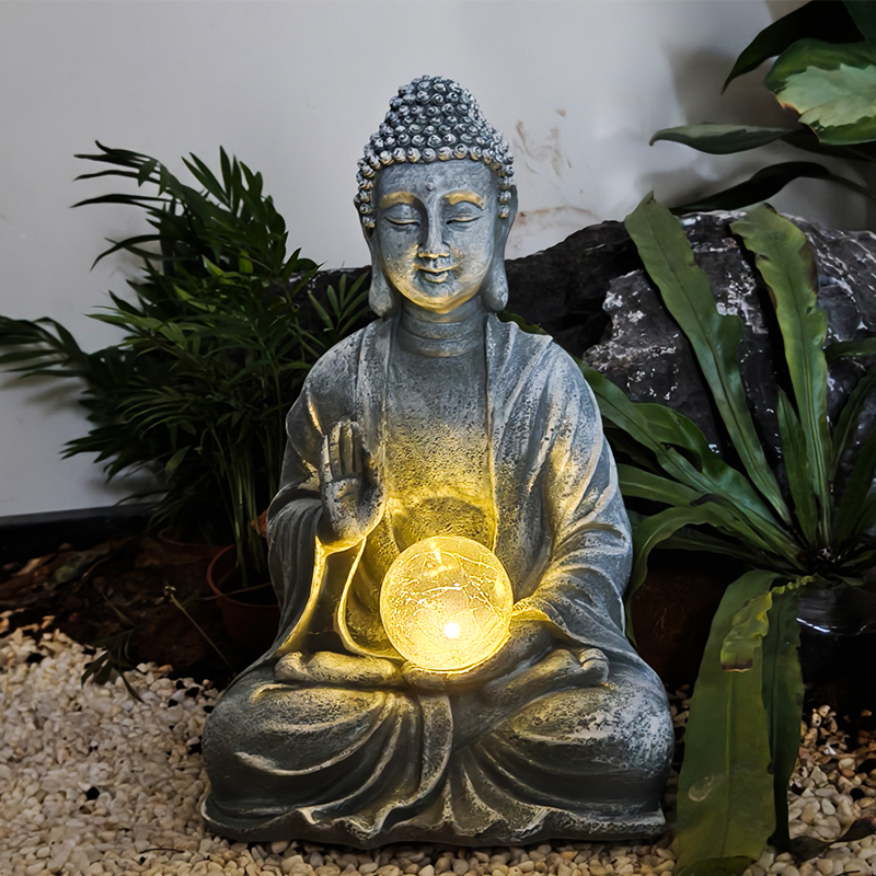 Zen Buddha statua, ornament od smole, solarno napajanje za dom i vrt, religijska figurica