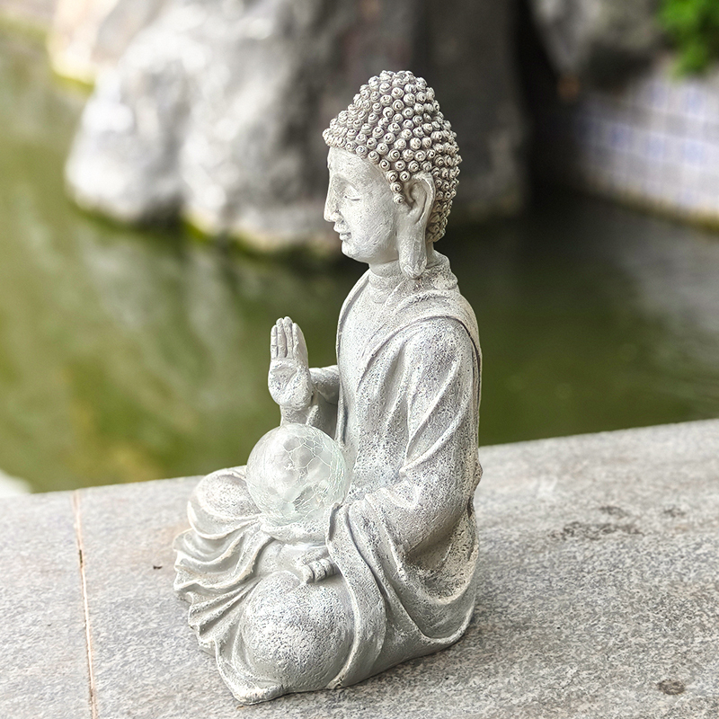 Zen Buddha statua, ornament od smole, solarno napajanje za dom i vrt, religijska figurica
