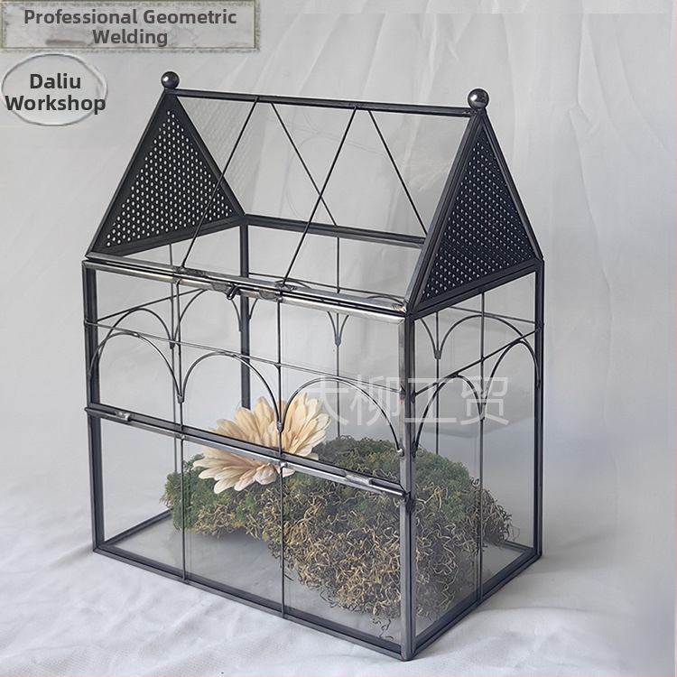 Casă geometrică de flori din sticlă și rezervor pentru animalul de companie, ramă din cupru, personalizabil, stil simplu și modern, realizată prin tăiere și sudare.