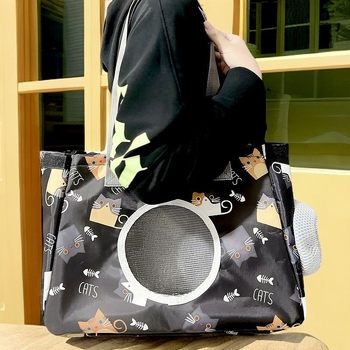 Légáteresztő kisállat-kimenő táska macska fej kilátszó dizájnnal, kettős használatú: crossbody és kézitáska, selyem virág dísz