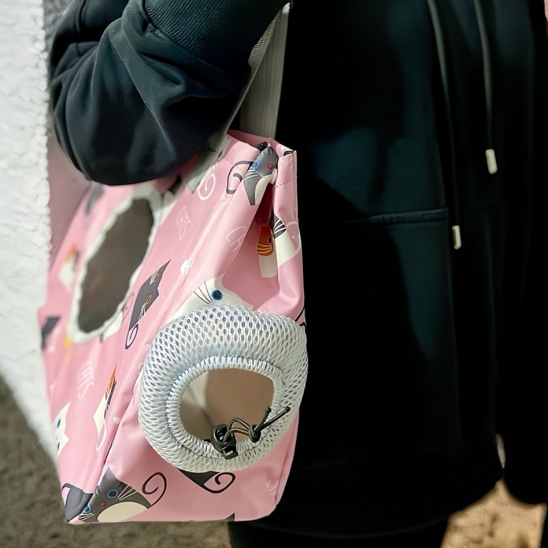 Légáteresztő kisállat-kimenő táska macska fej kilátszó dizájnnal, kettős használatú: crossbody és kézitáska, selyem virág dísz