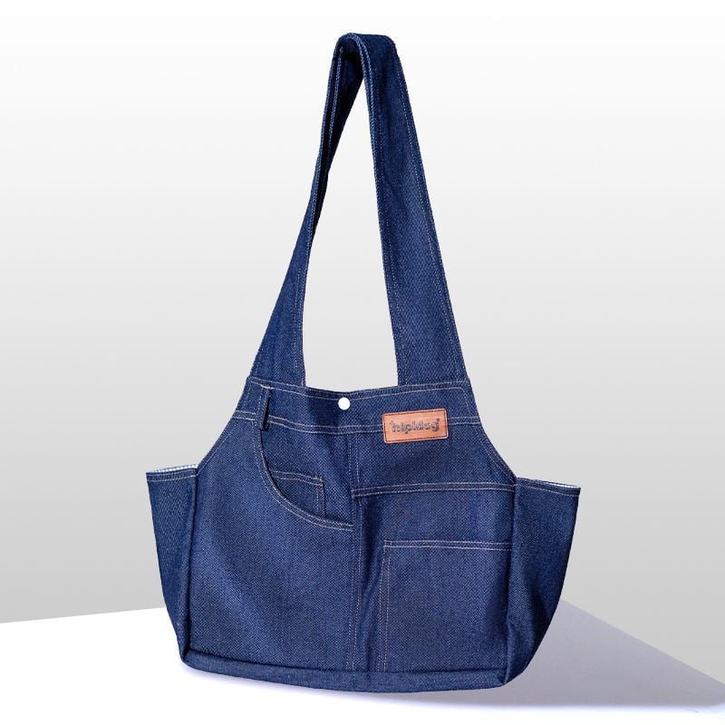 Denim táska háziállatok számára sétákhoz, kutyáknak és macskáknak, vállon átívelő hordozó