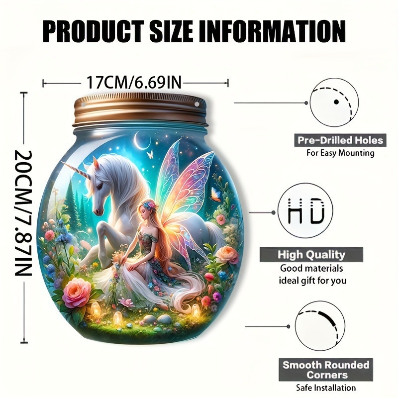 Okrugli akrilni Mason jar s dizajnom jednoroga, vila-princeza, zidna dekoracija za vješanje, tehnika tiska, zimsko izdanje 2025