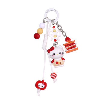 Ключодържател с дизайн коте и лък, акрилна верига с мъниста, ръчно рисувани мъниста