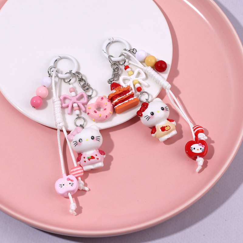 Ключодържател с дизайн коте и лък, акрилна верига с мъниста, ръчно рисувани мъниста