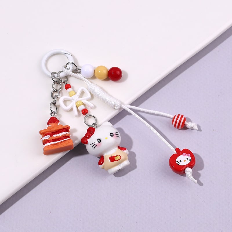 Ключодържател с дизайн коте и лък, акрилна верига с мъниста, ръчно рисувани мъниста