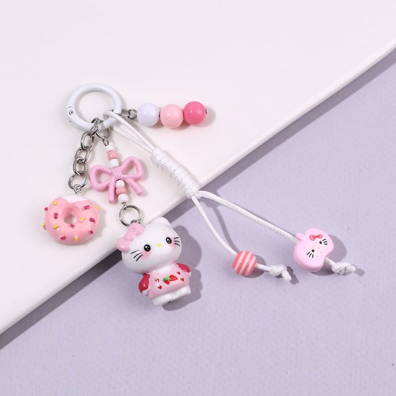 Ключодържател с дизайн коте и лък, акрилна верига с мъниста, ръчно рисувани мъниста