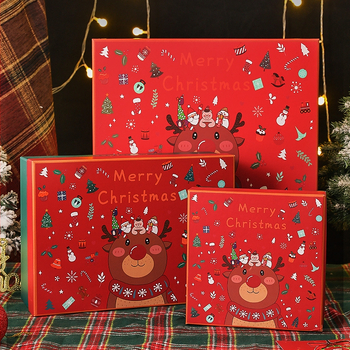 Cutie cadou de Crăciun cu design cap de cerb, motiv cutie cu măr, capac Cer-Pământ, stil desen animat, geantă cadou inclusă