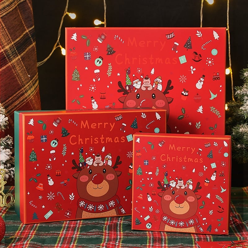 Cutie cadou de Crăciun cu design cap de cerb, motiv cutie cu măr, capac Cer-Pământ, stil desen animat, geantă cadou inclusă