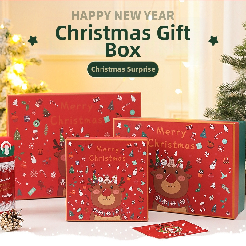 Cutie cadou de Crăciun cu design cap de cerb, motiv cutie cu măr, capac Cer-Pământ, stil desen animat, geantă cadou inclusă