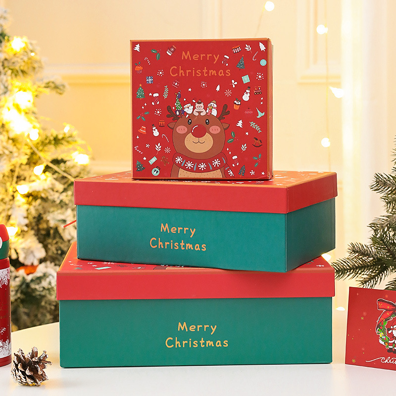 Cutie cadou de Crăciun cu design cap de cerb, motiv cutie cu măr, capac Cer-Pământ, stil desen animat, geantă cadou inclusă