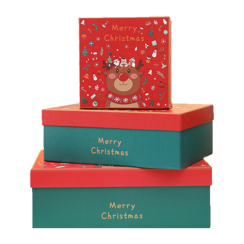 Cutie cadou de Crăciun cu design cap de cerb, motiv cutie cu măr, capac Cer-Pământ, stil desen animat, geantă cadou inclusă