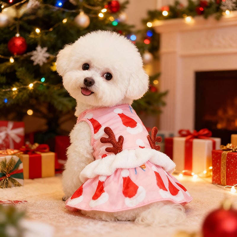 Коледен костюм за домашни любимци с рога и коледна шапка, стил принцеса • Материал: полиестер • Марка: Xinmai Lei • Категория: облекло за домашни любимци