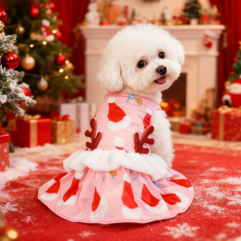 Коледен костюм за домашни любимци с рога и коледна шапка, стил принцеса • Материал: полиестер • Марка: Xinmai Lei • Категория: облекло за домашни любимци