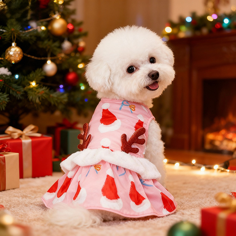 Коледен костюм за домашни любимци с рога и коледна шапка, стил принцеса • Материал: полиестер • Марка: Xinmai Lei • Категория: облекло за домашни любимци
