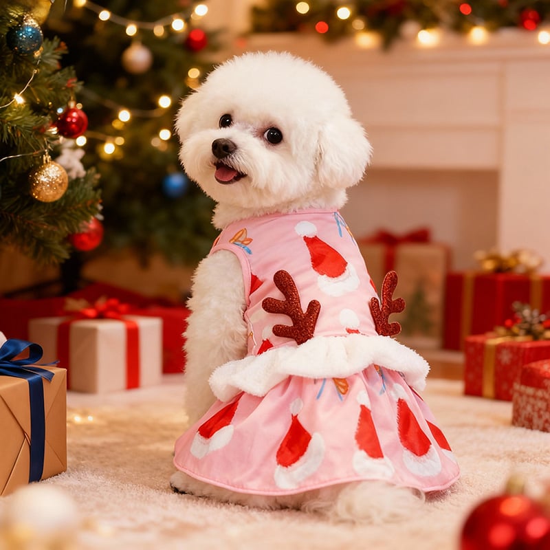 Коледен костюм за домашни любимци с рога и коледна шапка, стил принцеса • Материал: полиестер • Марка: Xinmai Lei • Категория: облекло за домашни любимци