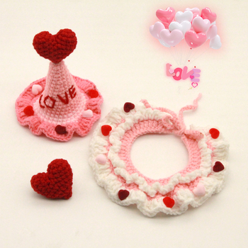 Candy cute pet — Valentin-napi szív alakú sapka és kötött nyakörv macskáknak és kutyáknak, állítható — gyapjú, kézi horgolás, univerzális illeszkedés, négy évszak