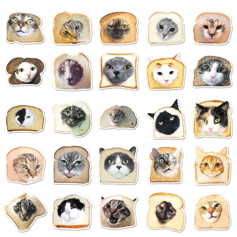 50 бр. комплект стикери: Карикатура Bread Cat Head – симпатичен стил; Тегло 30 г; Прилепване: Да; Процес на печат: офсет.