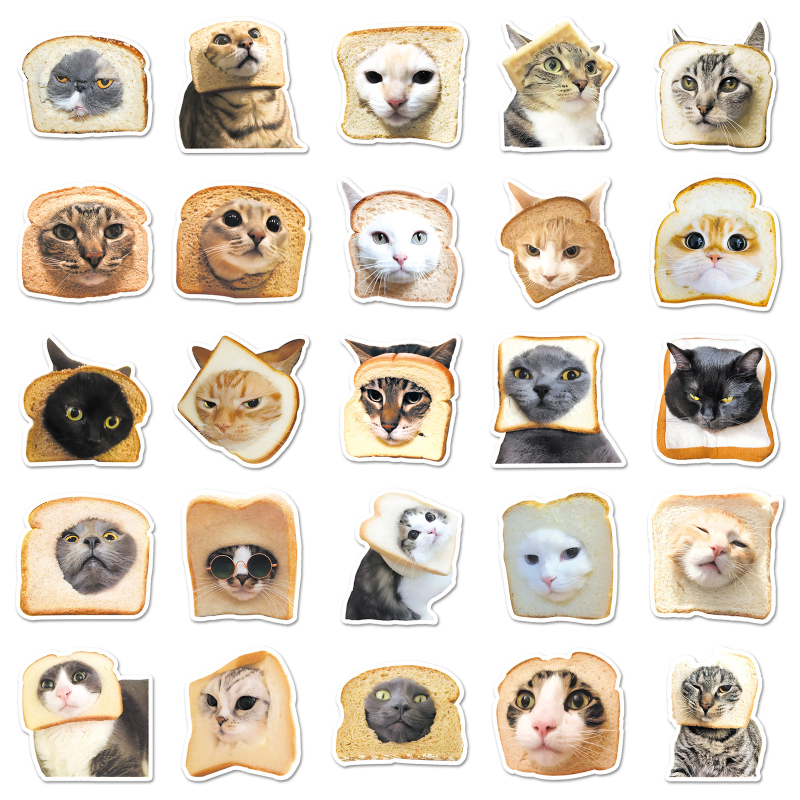50 бр. комплект стикери: Карикатура Bread Cat Head – симпатичен стил; Тегло 30 г; Прилепване: Да; Процес на печат: офсет.