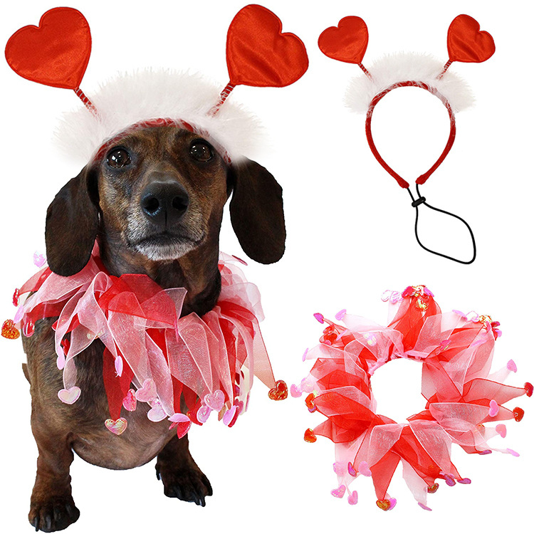 Valentin-napi díszítő készlet háziállatoknak – kutyasál és hajkiegészítő, Organza, Love minta, egyszerű szövés, satén felület