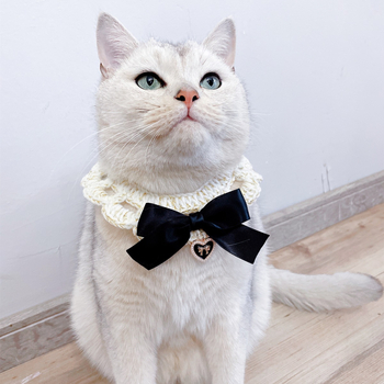 Chanel-stílusú retro állatnyakörv aranyszálas fonallal, masnival és kézzel kötött sállal macskáknak és kiskutyáknak