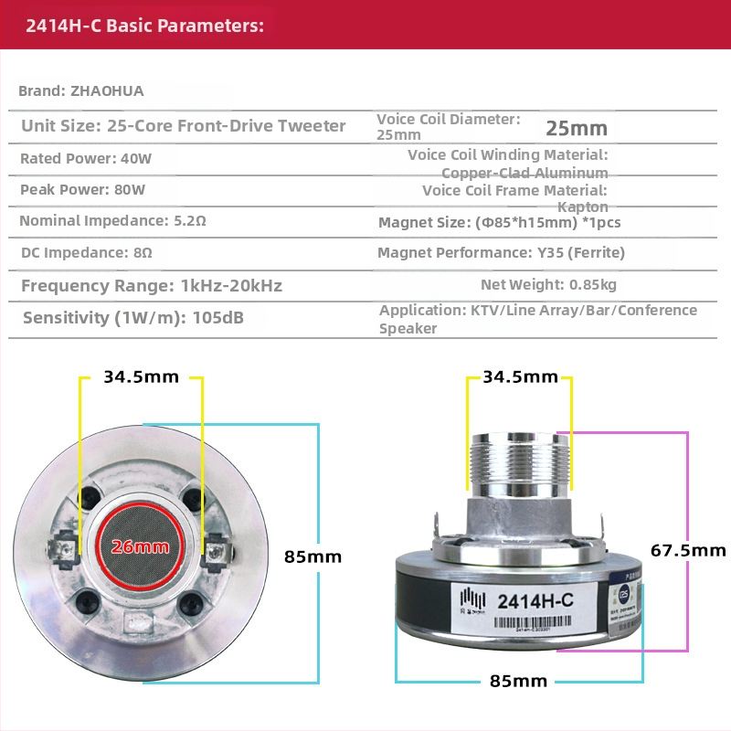 Tweeter cu horn KP2012, seria KP2012, model 2414H-C, directivitate 70°×100°, răspuns în frecvență 1 kHz–20 kHz, diafragmă din material ne-hârtie