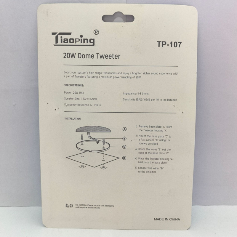 Gépjármű piezoelektrikus tweeter, 20W, 5-20 kHz, 4-8 Ω, 105 dB