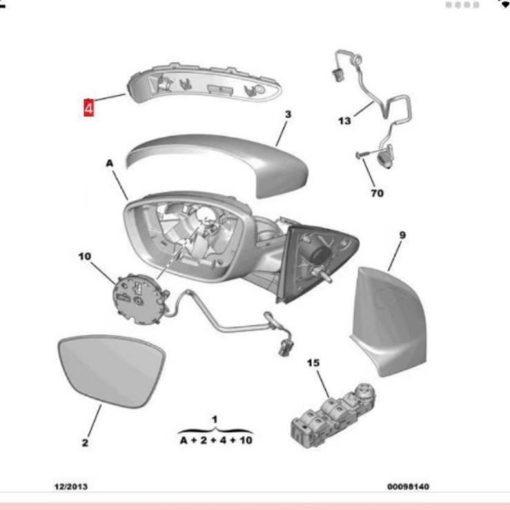 Poklopac svjetla retrovizora za Peugeot 301 2008 – modeli 1610811580 i 1610811480; kućište: plastika; ogledalo: staklo