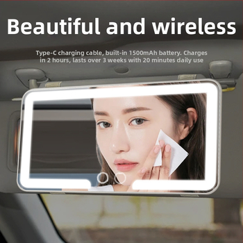 LED makiažo veidrodėlis automobiliui su apšvietimu, atsparus smūgiams, ABS rėmas, stiklinė lęšis, trijų spalvų apšvietimas